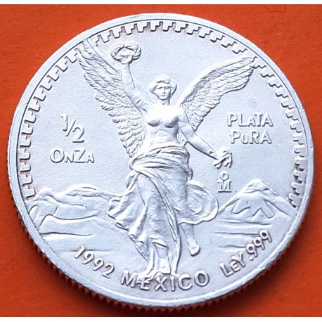 MEXICO 1/2 ONZA 1992 ANGEL LIBERTAD MONEDA DE PLATA PURA SC + Imperfecciones OUNCE OZ silver coin Half