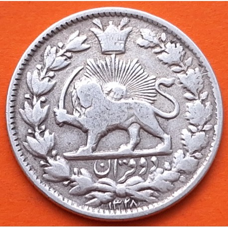 . IRAN 2000 DINARS 1910 AH 1328 LEÓN - SULTAN Ahmad Shah Qajar TEHERÁN KM.1040 MONEDA DE PLATA silver 5 Kran