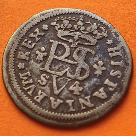 . @PRUEBA NO ADOPTADA@ ESPAÑA Rey FELIPE V 4 MARAVEDIES 1710 LEONES y CASTILLOS KM.286.2 MONEDA DE COBRE @DEFECTO@ 4 Maravedis