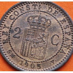 ESPAÑA Rey ALFONSO XIII 2 CENTIMOS 1905 * 05 SMV REY y ESCUDO KM.722 MONEDA DE COBRE SC- Spain R/2