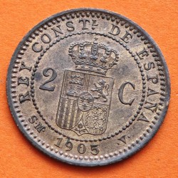 ESPAÑA Rey ALFONSO XIII 2 CENTIMOS 1905 * 05 SMV REY y ESCUDO KM.722 MONEDA DE COBRE SC- Spain R/2