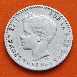 ESPAÑA Rey ALFONSO XIII 50 CENTIMOS 1896 * 9/6 PGV Tipo TUPE KM.705 MONEDA DE PLATA @RARA@ Spain silver R/3