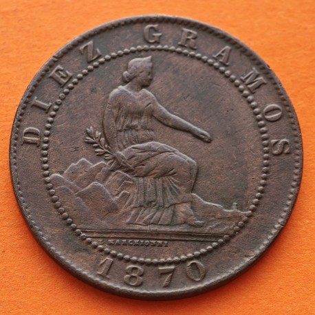 ESPAÑA Gobierno Provisional 10 CENTIMOS 1870 OM DAMA y LEON KM.661 MONEDA DE BRONCE MBC Spain R/4