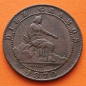 ESPAÑA Gobierno Provisional 10 CENTIMOS 1870 OM DAMA y LEON KM.661 MONEDA DE BRONCE MBC Spain R/4