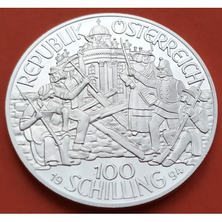AUSTRIA 100 SCHILLINGS 1994 ERZHERZOG JOHANN y SOLDADOS KM.3020 MONEDA DE PLATA PROOF Osterreich silver coin