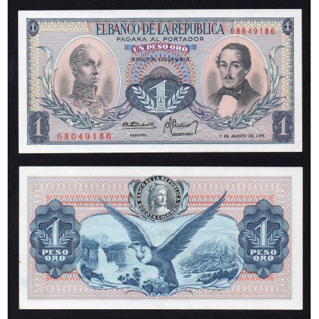 COLOMBIA 1 PESO 1973 SIMON BOLIVAR Pick 404E BILLETE SC UNC BANKNOTE 1 PESO DE ORO 7 AGOSTO 1973