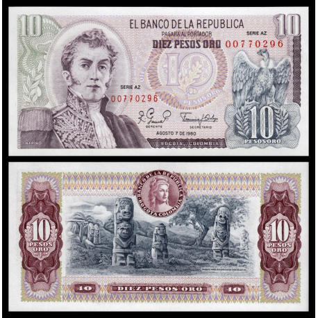 COLOMBIA 10 PESOS 1980 TOTEMS PRECOLOMBINOS y GENERAL NARIÑO Pick 407H BILLETE SC UNC BANKNOTE