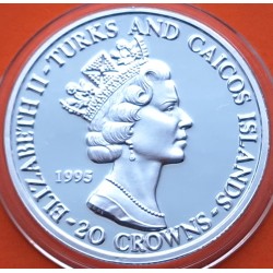. 1 ONZA de PLATA PURA x TURKS & CAICOS 20 CORONAS 1995 SALTO PERTIGA KM.197 MONEDA PROOF 20 Crowns silver