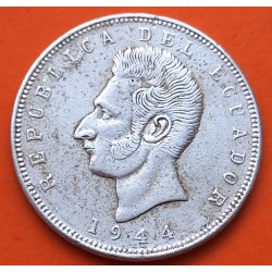 ECUADOR 5 SUCRES 1944 Ceca Mexico JOSE DE SUCRE y CONDOR EN ESCUDO KM.79 MONEDA DE PLATA MBC + MANCHAS silver coin R/3