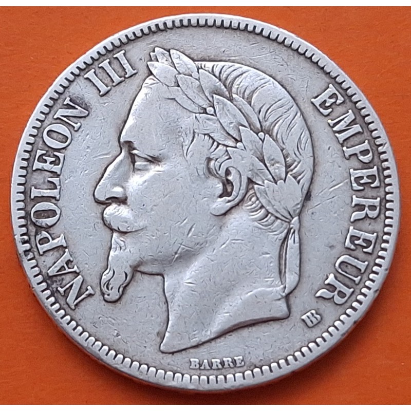 FRANCIA 5 FRANCOS 1867 BB Ceca de ESTRASBURGO Emperador NAPOLEON III KM.799.2 MONEDA DE PLATA MBC- Republique Francaise R/1