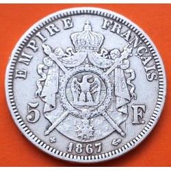 FRANCIA 5 FRANCOS 1867 BB Ceca de ESTRASBURGO Emperador NAPOLEON III KM.799.2 MONEDA DE PLATA MBC- Republique Francaise R/1