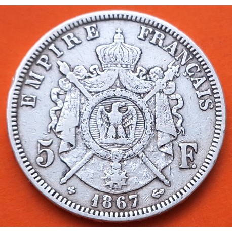 FRANCIA 5 FRANCOS 1867 BB Ceca de ESTRASBURGO Emperador NAPOLEON III KM.799.2 MONEDA DE PLATA MBC- Republique Francaise R/1