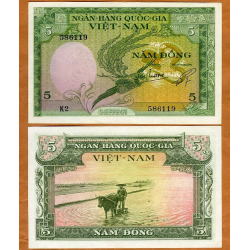 VIETNAM 5 DONG 1955 AVE SAGRADA y AGRICULTOR CON BUEY Régimen Comunista Pick 2 BILLETE SC South Vietnam