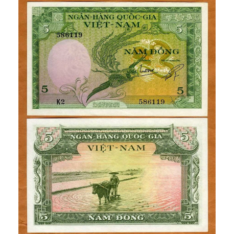 VIETNAM 5 DONG 1955 AVE SAGRADA y AGRICULTOR CON BUEY Régimen Comunista Pick 2 BILLETE SC South Vietnam