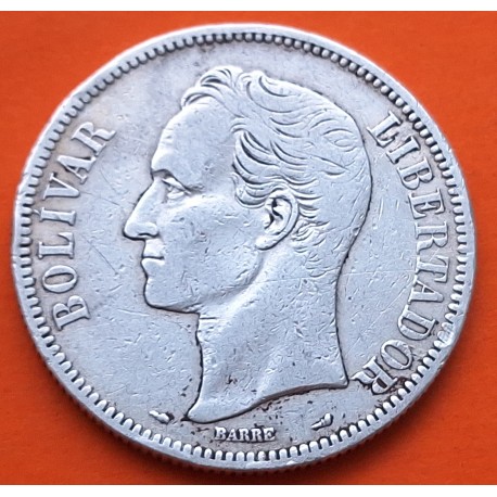 @ESCASA@ VENEZUELA 5 BOLIVARES 1910 LIBERTADOR SIMON BOLIVAR KM.24.2 MONEDA DE PLATA MBC- silver coin