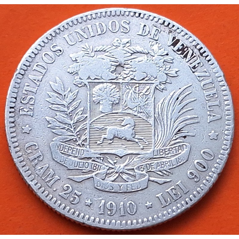 @ESCASA@ VENEZUELA 5 BOLIVARES 1910 LIBERTADOR SIMON BOLIVAR KM.24.2 MONEDA DE PLATA MBC- silver coin