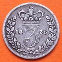 @ESCASA@ INGLATERRA 3 PENIQUES 1835 REY GUILLERMO IIII KM.710 MONEDA DE PLATA Great Britain UK 3 Pence silver coin