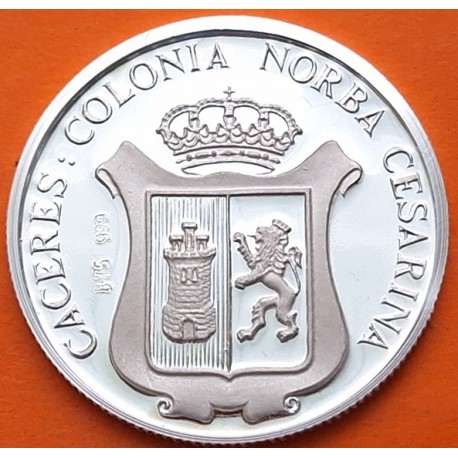 . 0,42 Onzas x CÁCERES MEDALLA DE PLATA PURA 999 COLONIA NORBA CESARINA - ADARVE 13,20 gramos ESPAÑA 1980
