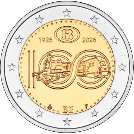 . @01 JULIO - Envío@ BELGICA 2 EUROS 2026 FERROCARRIL 100 Aniversario @COINCARD FRANCÉS@ 1ª MONEDA BIMETÁLICA Belgium