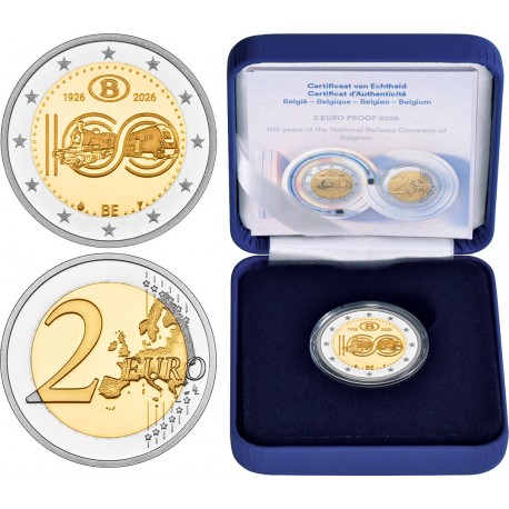 . @01 JULIO - Envío - PROOF@ BELGICA 2 EUROS 2026 FERROCARRIL 100 Aniversario ESTUCHE 1ª MONEDA BIMETÁLICA Belgium