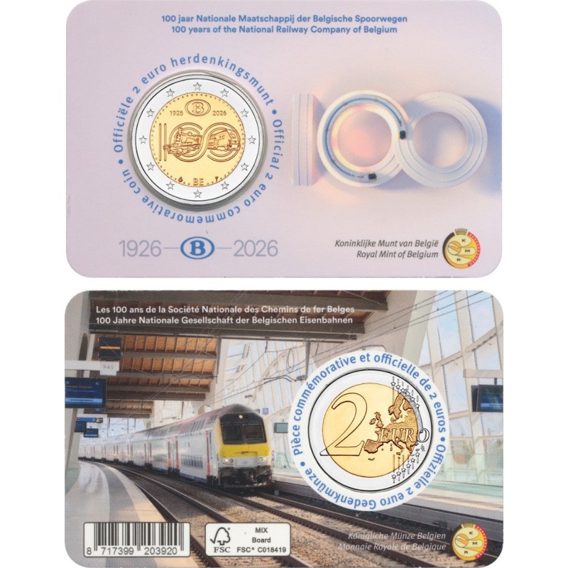. @01 JULIO - Envío@ BELGICA 2 EUROS 2026 FERROCARRIL 100 Aniversario @COINCARD HOLANDÉS@ 1ª MONEDA BIMETÁLICA Belgium