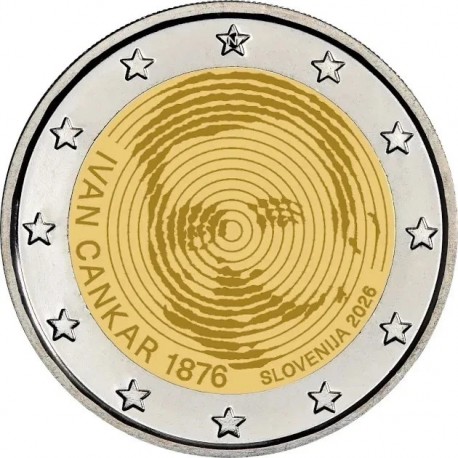 . @01 JULIO - Envío@ ESLOVENIA 2 EUROS 2026 IVAN CANKAR Escritor MONEDA CONMEMORATIVA SC Slovenia