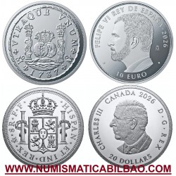 . @03/JULIO - Envío@ ESPAÑA 10 EUROS 2026 COLUMNARIO + CANADA 20 DOLARES MONEDA DE PLATA FNMT 2500 uds