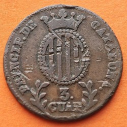 @ESCASA@ ESPAÑA Reina ISABEL II 3 QUARTOS 1837 PRINCIP DE CATALUÑA ESCUDO KM.126 MONEDA DE COBRE Spain 3 CUARTOS 1837