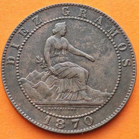 ESPAÑA Gobierno Provisional 10 CENTIMOS 1870 OM DAMA y LEON KM.661 MONEDA DE BRONCE MBC Spain R/4