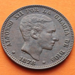 ESPAÑA Rey ALFONSO XII 10 CENTIMOS 1878 OM REY y ESCUDO KM.675 MONEDA DE BRONCE MBC++ Spain R/5