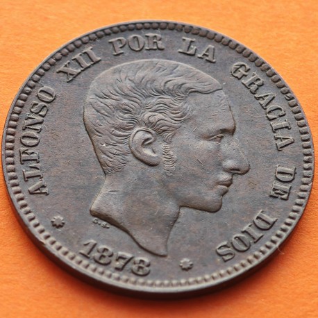 ESPAÑA Rey ALFONSO XII 10 CENTIMOS 1878 OM REY y ESCUDO KM.675 MONEDA DE BRONCE MBC++ Spain R/5