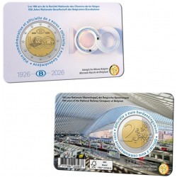 . @01 JULIO - Envío@ BELGICA 2 EUROS 2026 FERROCARRIL 100 Aniversario @COINCARD FRANCÉS@ 1ª MONEDA BIMETÁLICA Belgium