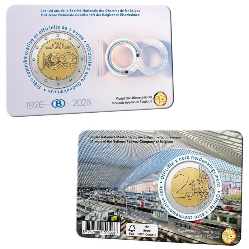 . @ENVÍO HOY@ BELGICA 2 EUROS 2026 FERROCARRIL 100 Aniversario @COINCARD FRANCÉS@ 1ª MONEDA BIMETÁLICA Belgium