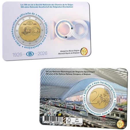 . @ENVÍO HOY@ BELGICA 2 EUROS 2026 FERROCARRIL 100 Aniversario @COINCARD FRANCÉS@ 1ª MONEDA BIMETÁLICA Belgium