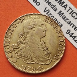 . @RARA@ ESPAÑA Rey CARLOS IIII 8 ESCUDOS 1794 Mo FM Ceca de MEXICO KM.159 MONEDA DE ORO Spain gold coin