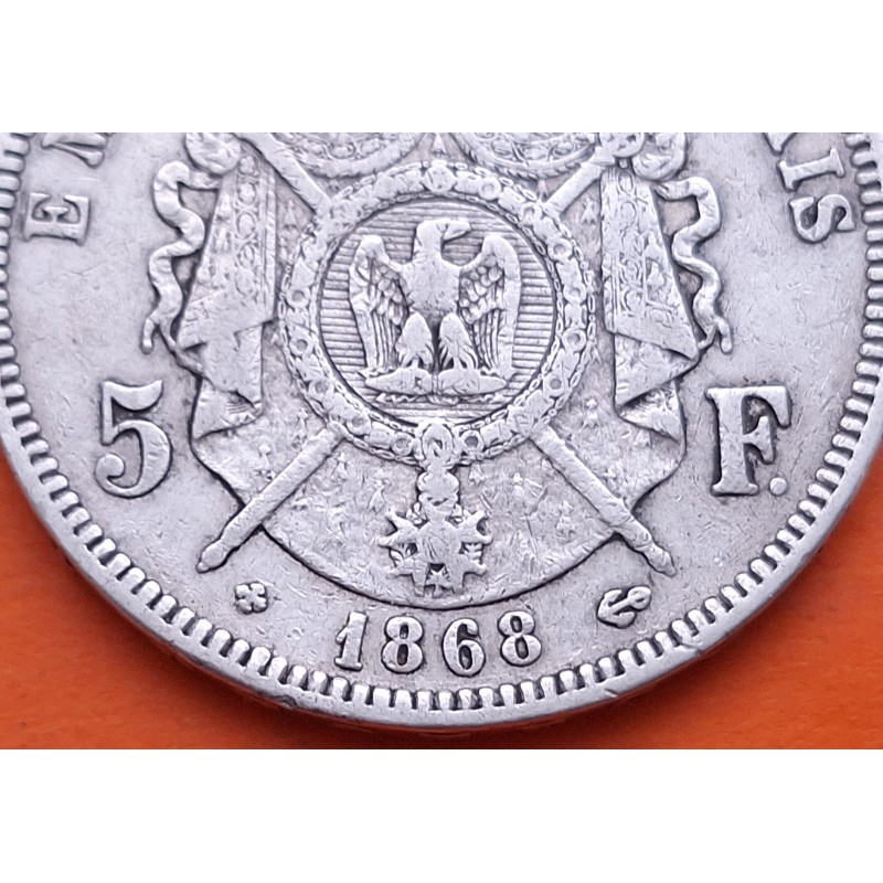 FRANCIA 5 FRANCOS 1868 A Ceca de PARÍS - EMPERADOR NAPOLEON III KM.799.1 MONEDA DE PLATA MBC France R/4