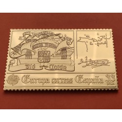 1,10 Onzas LINGOTE DE PLATA PURA y BAÑO DE ORO x ESPAÑA forma de sello 33 PESETAS COLON, CASTILLA y EL NUEVO MUNDO Año 1992