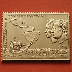 0,80 Onzas LINGOTE DE PLATA PURA y BAÑO DE ORO x ESPAÑA forma de sello 12 PESETAS - VIAJE AL CONTINENTE AMERICANO