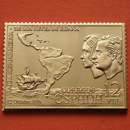 0,80 Onzas LINGOTE DE PLATA PURA y BAÑO DE ORO x ESPAÑA forma de sello 12 PESETAS - VIAJE AL CONTINENTE AMERICANO - CARABELA