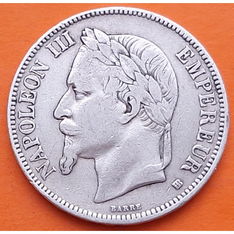 FRANCIA 5 FRANCOS 1868 BB Ceca de ESTRASBURGO Emperador NAPOLEON III KM.799.2 MONEDA DE PLATA R/4