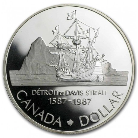 CANADA 1 DOLAR 1987 BARCO ANTIGUO DETROIT DAVIS STRAIT 1587 KM.154 MONEDA DE PLATA PROOF + CÁPSULA