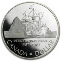 CANADA 1 DOLAR 1987 BARCO ANTIGUO DETROIT DAVIS STRAIT 1587 KM.154 MONEDA DE PLATA PROOF + CÁPSULA