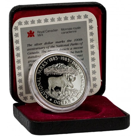 @ESTUCHE y CERTIFICADO@ CANADA 1 DOLAR 1985 ALCE NATIONAL PARKS 1885 KM.143 MONEDA DE PLATA PROOF Dollar silver