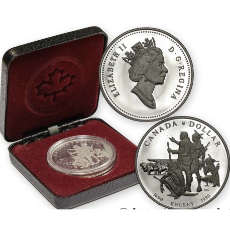 @ESTUCHE y CERTIFICADO@ CANADA 1 DOLAR 1990 EXPLORADOR HENRY KELSEY e INDIO NATIVO KM.170 MONEDA DE PLATA PROOF Silver Dollar