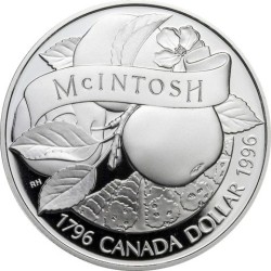 @ESTUCHE y CERTIFICADO@ CANADA 1 DOLAR 1996 FLOR MCINTOSH KM.275 MONEDA DE PLATA PROOF Silver Dollar
