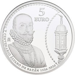 ** 7 de JULIO Envío ** ESPAÑA 5 EUROS 2026 ALVARO DE BAZÁN V CENTENARIO MONEDA PLATA FNMT 33mm 18 gramos