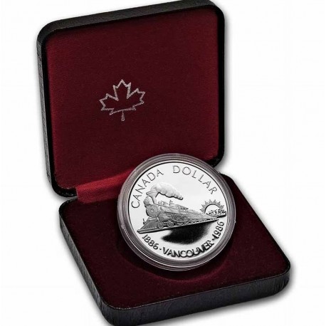 @ESTUCHE y CERTIFICADO@ CANADA 1 DOLAR 1986 VANCOUVER LOCOMOTORA DE FERROCARRIL TREN KM.149 MONEDA DE PLATA PROOF Silver Dollar
