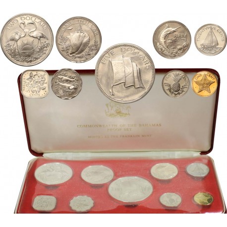 1975 BAHAMAS ESTUCHE OFICIAL 9 coins Silver Proof Mint Set incluye 50 CENTIMOS PLATA y 1+2+5 DOLARES PLATA 2,87 Onzas