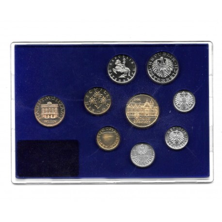 8 monedas x AUSTRIA ESTUCHE PROOF 1987 Ceca de VIENA 2+5+10+50 GROSCHEN y 1+5+10+20 SCHILLINGS 1987 + MEDALLA WIEN
