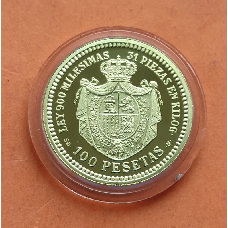 0,20 ONZAS x MEDALLA FNMT HISTORIA DE LA PESETA ESPAÑA 100 PESETAS 1870 DAMA PLATA BAÑO DE ORO 6,72 gramos 925 mls.